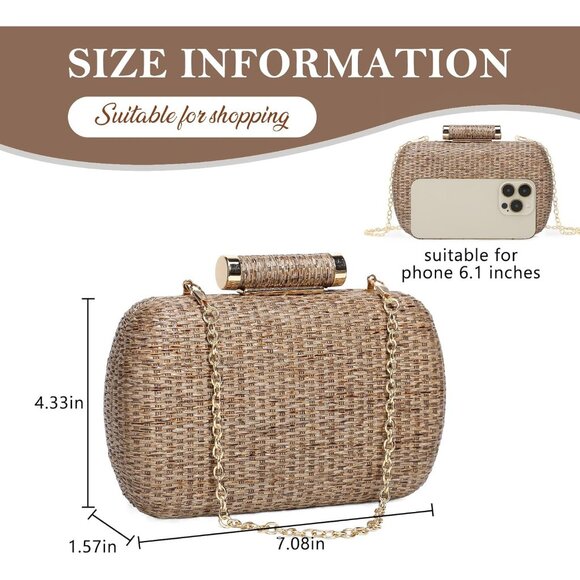 Khaki Small Woven Straw Clutch Crossbody Bag for Women, Multi-Use Summer Wicker - Picture 2 of 6